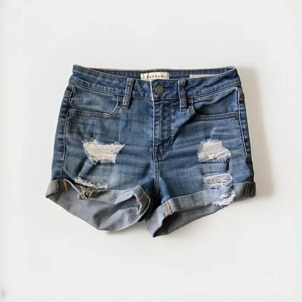 Women's PacSun‎ Distressed Super Stretch Shortie Denim Blue Jean Shorts Size 24